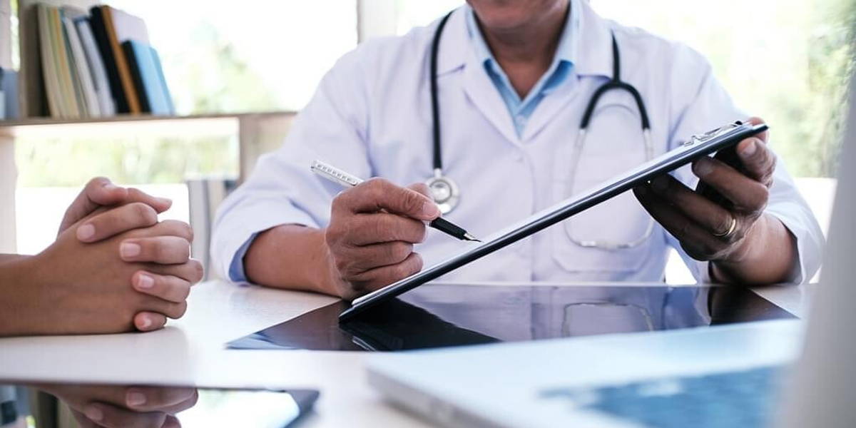 Professional medical doctor in white uniform gown coat interview