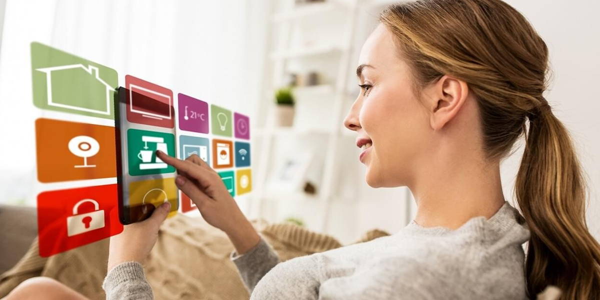 woman with tablet computer and smart home icons