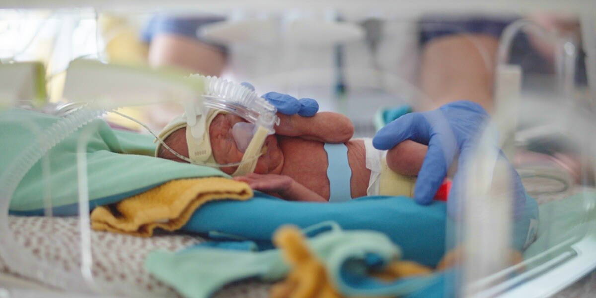 Pasgeboren baby in couveuse met beademing en zorg