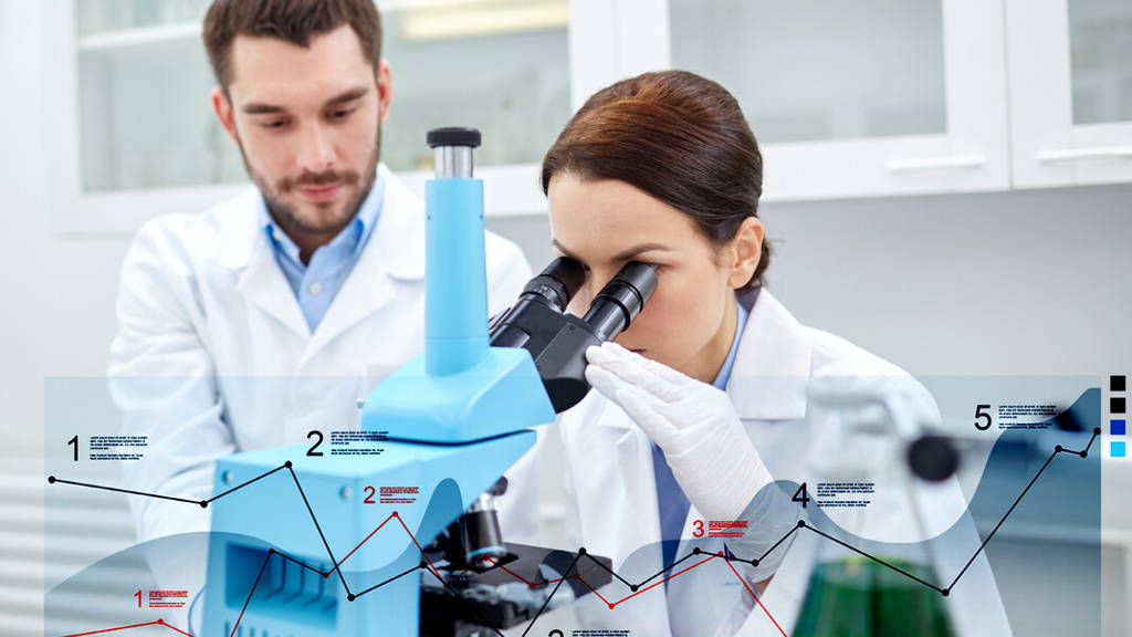 scientists with microscope making research in lab