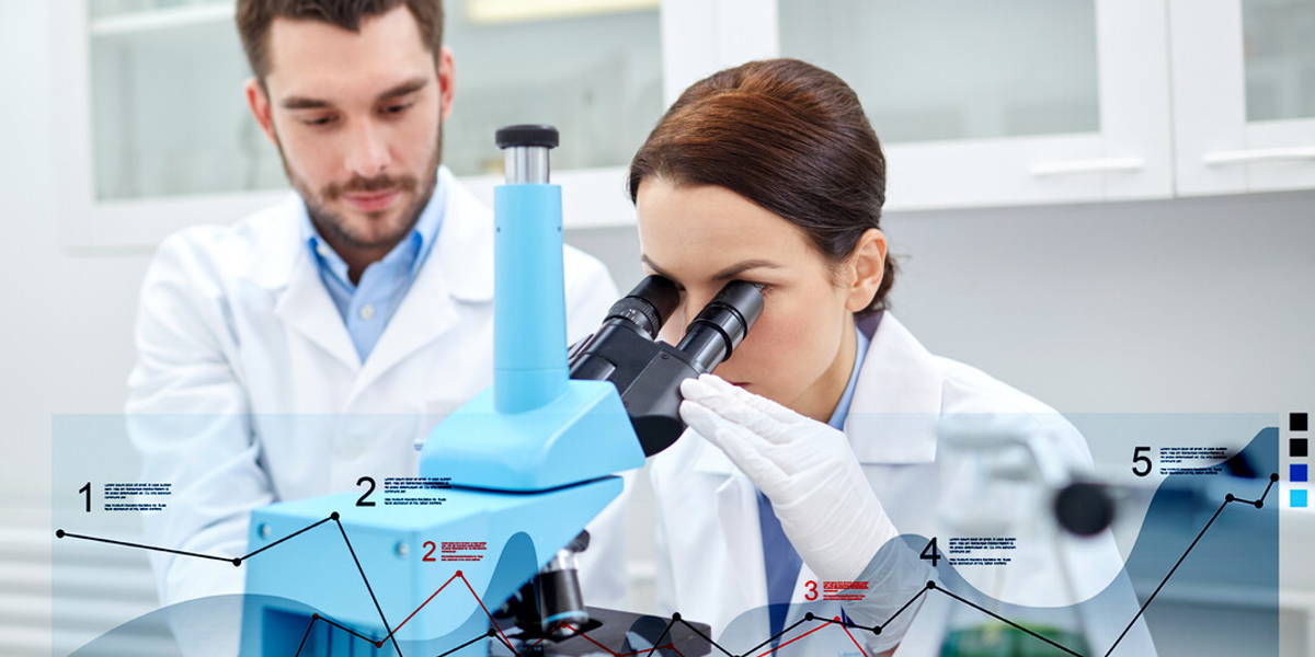 scientists with microscope making research in lab