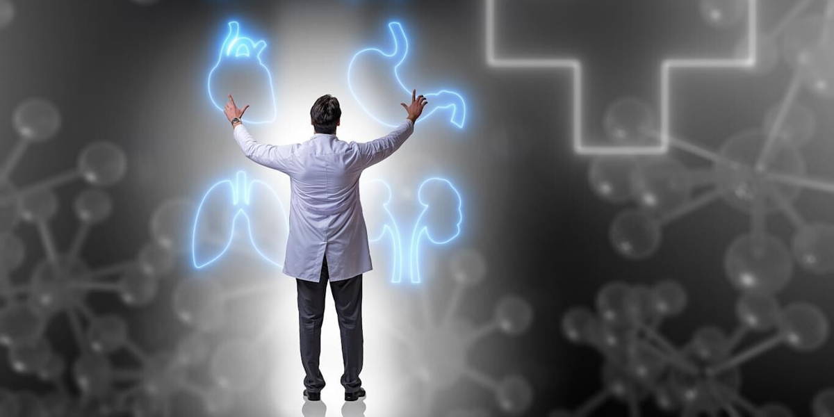 Telemedicine concept with doctor pressing virtual buttons