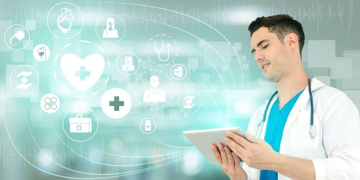 Doctor with Medical Healthcare Graphic in Hospital