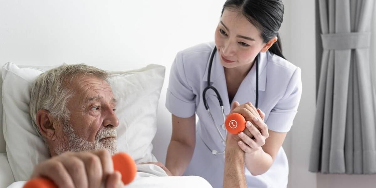 senior man with smiling nurse, takes care health check by weight