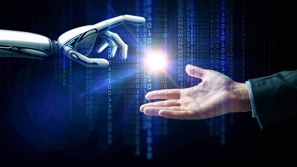 robot and human hand flash light and binary code