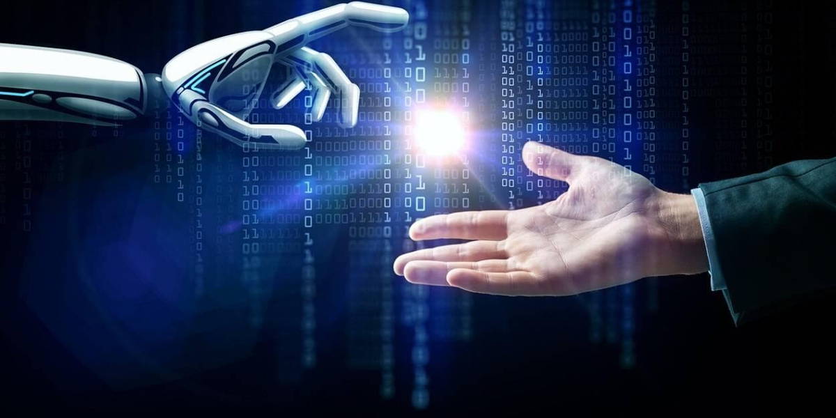 robot and human hand flash light and binary code