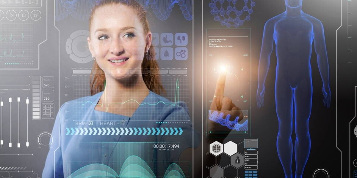 Doctor in futuristic medical concept pressing button