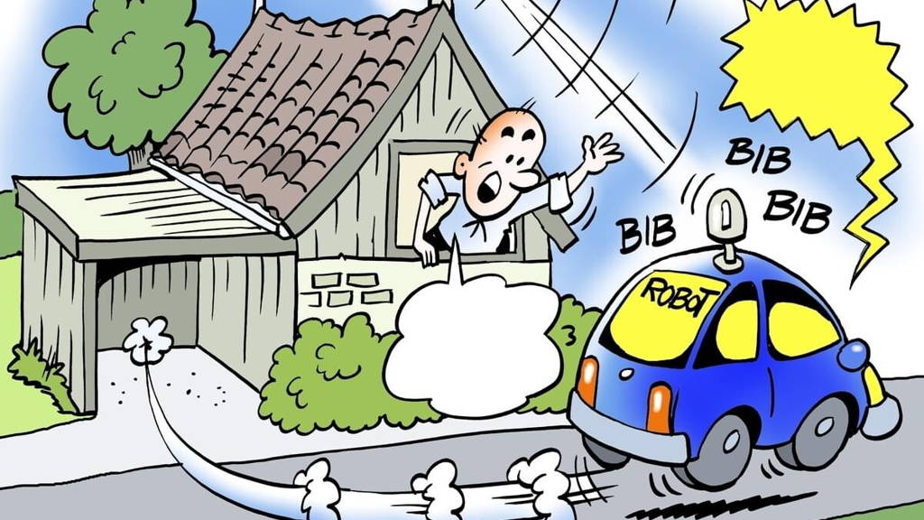 Cartoon illustration of a self-propelled robot vehicle running without the driver