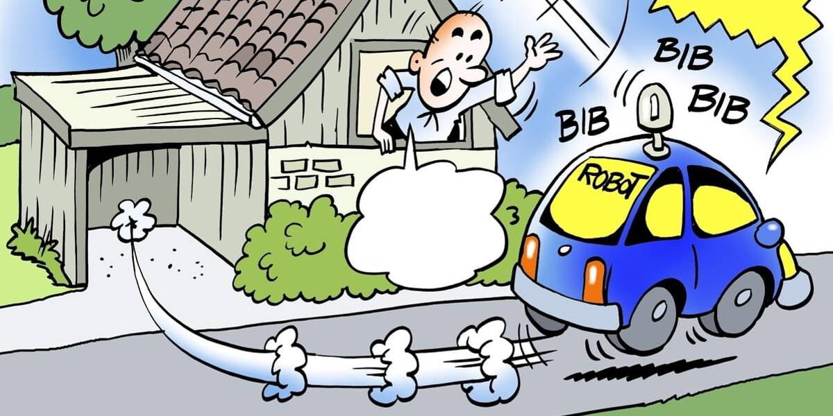 Cartoon illustration of a self-propelled robot vehicle running without the driver