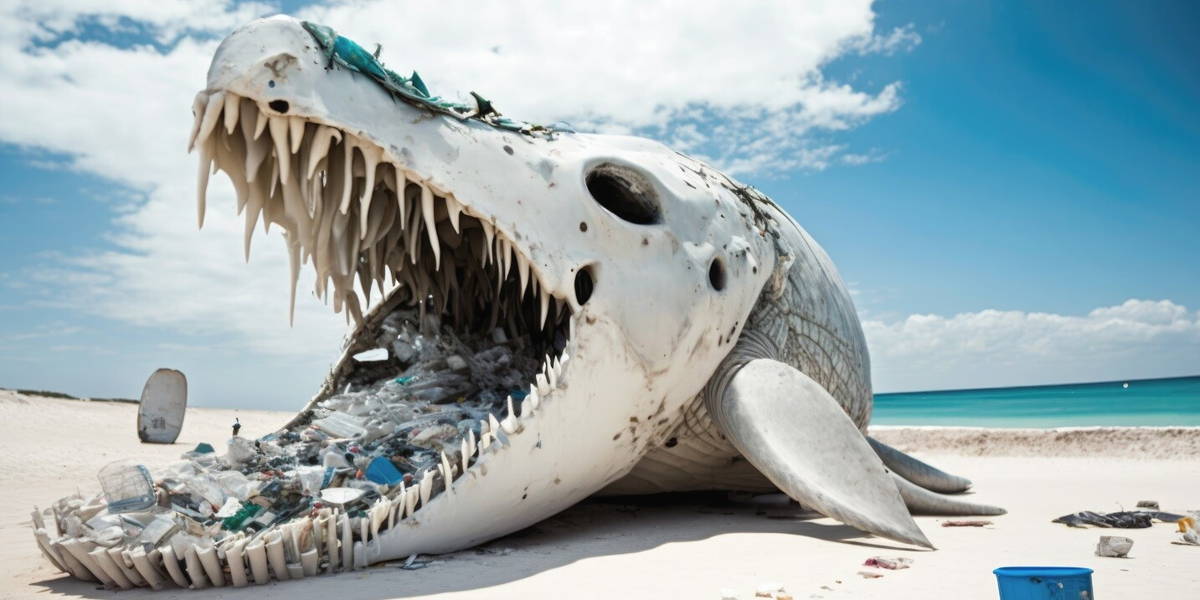 Whale skeleton filled with garbage and plastic pollution on a sa
