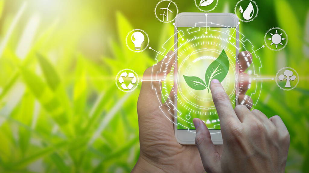 Hand holding smartphone with environment Icons