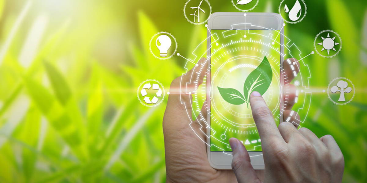 Hand holding smartphone with environment Icons