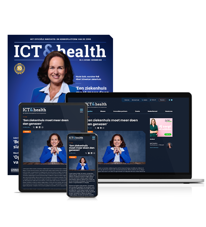Laptop, tablet en mobiel waar digitale versie van het ICT & Health magazine op wordt getoond