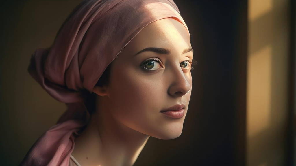 Portrait of a middle age bald woman wearing a pink headscarf. Generative AI