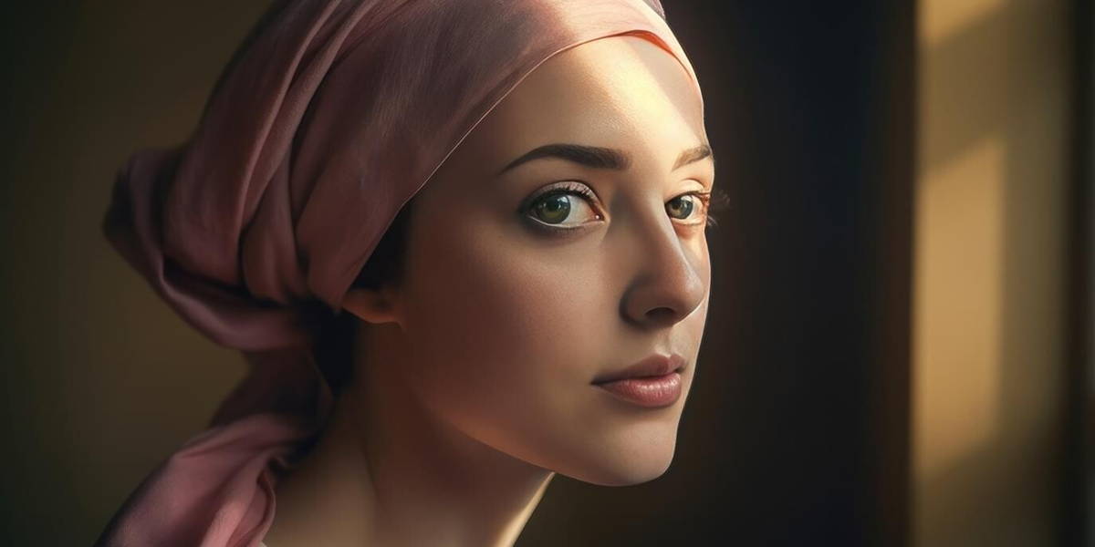 Portrait of a middle age bald woman wearing a pink headscarf. Generative AI